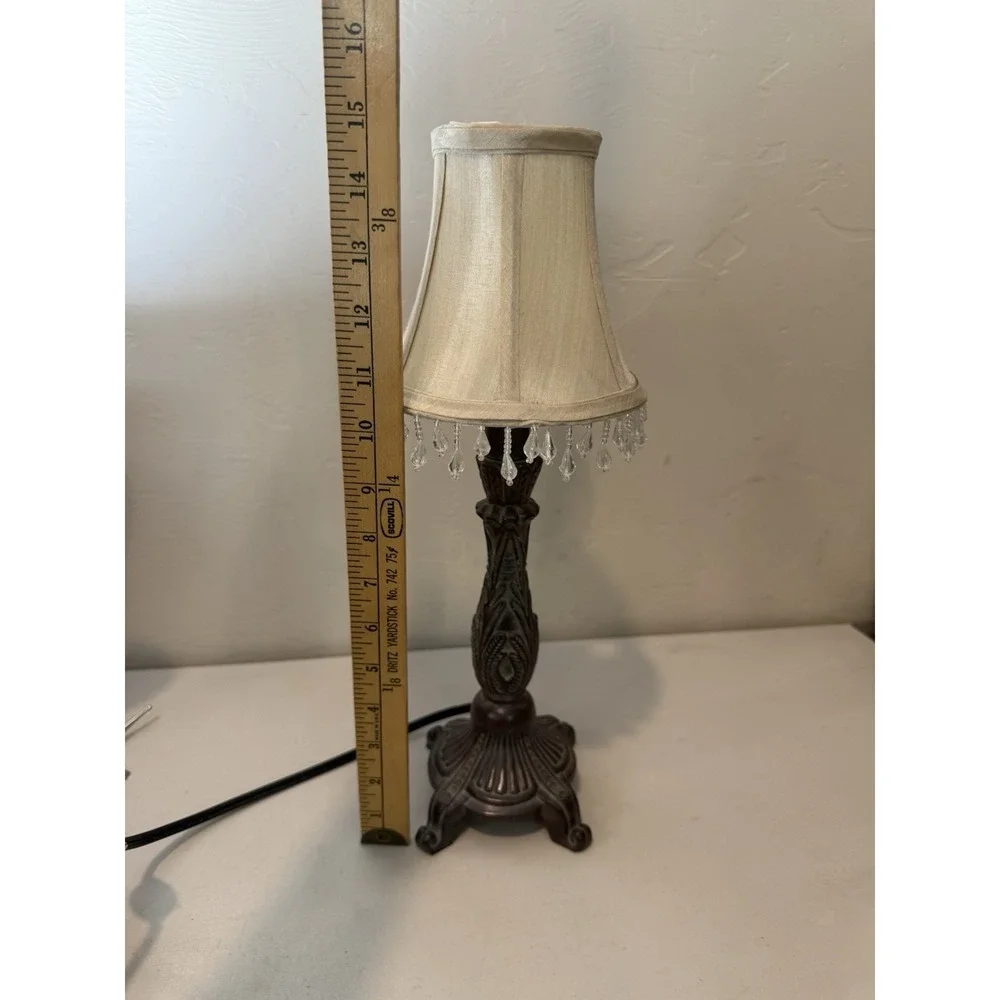 Vintage Accent Table Lamp With Beaded Fringe Bell Shade Resin Base Ornate